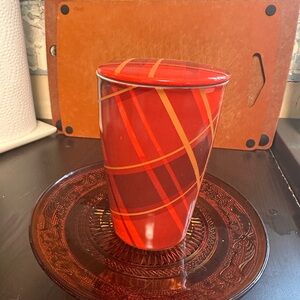 Red Plaid Ceramic Coffee tea Mug with Lid. Like new